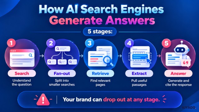how ai search enginHow AI search engines work through five stages: search, query fan-out, retrieval, extraction, and answer generationes generate answers blog image