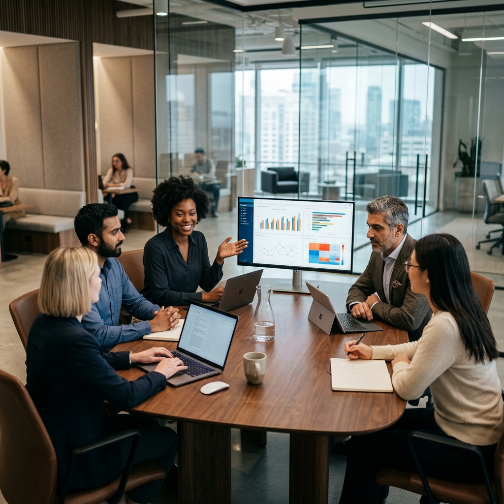 Professional agency staff working in modern corporate office