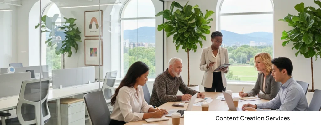 Professional team planning content creation services strategy with a graphic text overlay.