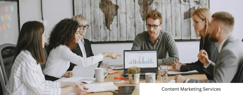Team in office discussing content marketing services with 'Grow Smarter with Data-Driven Strategy' text overlay.