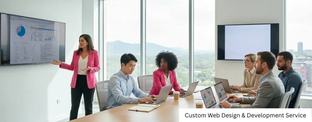 Team discussing custom web development services strategy with text overlay.