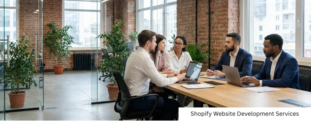 Professional team discussing shopify website development services strategy with text overlay.