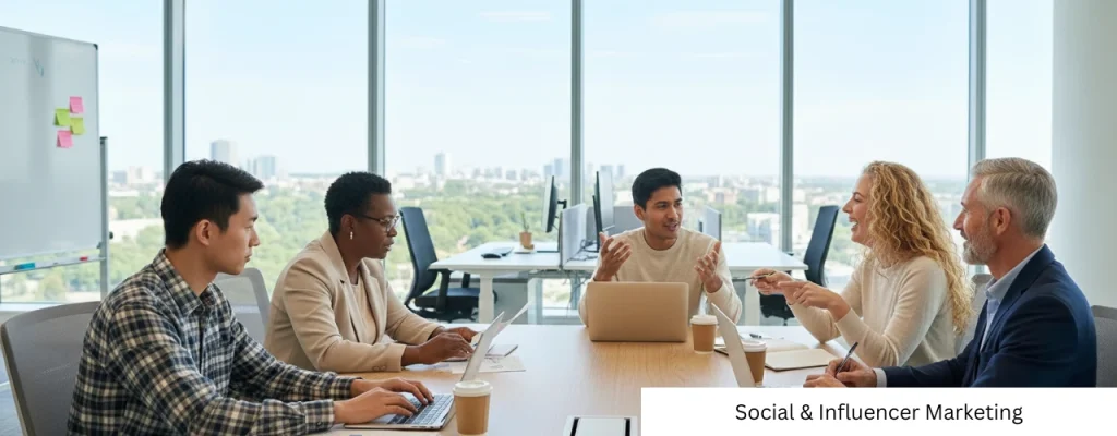 Team strategy session for social media marketing services with a professional text overlay.